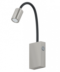 The Tazzoli wall light is a wall-mounted LED with a flexible neck, rectangular base, power button, and cylindrical head for focused lighting.