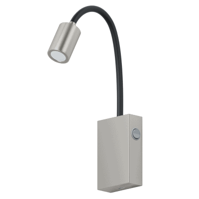 The Tazzoli wall light is a wall-mounted LED with a flexible neck, rectangular base, power button, and cylindrical head for focused lighting.