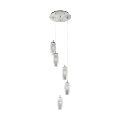 The Farsala 5lt pendant features five glass shades suspended at different heights from a round ceiling mount for a modern look.