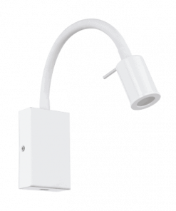 The Tazzoli wall light is a white LED reading lamp with a flexible gooseneck arm and rectangular base, ideal for modern interiors.