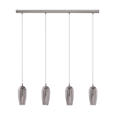 The Farsala 5lt pendant is a modern ceiling light with five metallic hanging lamps suspended from a sleek rectangular mount.