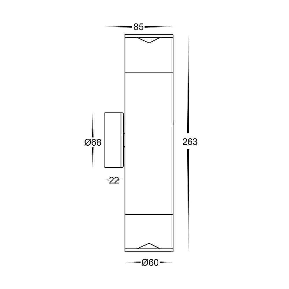 Technical line drawing of the Highlite black up and down pillar wall light, showing a rectangular shape with a round protrusion; dimensions: 85 mm wide, 263 mm high, protrusion diameter 68 mm, body diameter 60 mm.
