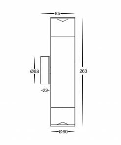 A diagram displaying the measurements of the Highlite Titanium Aluminium pillar up and down wall light fixture.
