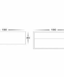 Two diagrams: the left shows a 190x80 rectangle; the right depicts a 190x110 rectangle split into three parts—perfect for visualizing how the Mia black up and down wall light casts its illumination.