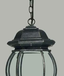 The Flinders chain pendant is a black metal outdoor hanging lantern with clear glass panels and a decorative finial, beautifully suspended from a ceiling mount by a chain.