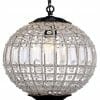 The Marseilles round pendant is a spherical hanging chandelier with a black chain, featuring a lattice design and clear crystal accents. An exposed bulb sits inside for elegant illumination.
