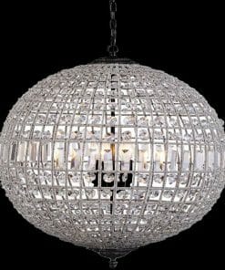 The Marseilles round 3lt pendant is a chandelier with spherical crystals and a grid metal frame, suspended by a chain, displayed on a black background.