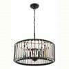 The Olympia 4lt pendant features a modern black metal frame with vertical glass panels around the bulbs and is suspended by a chain.