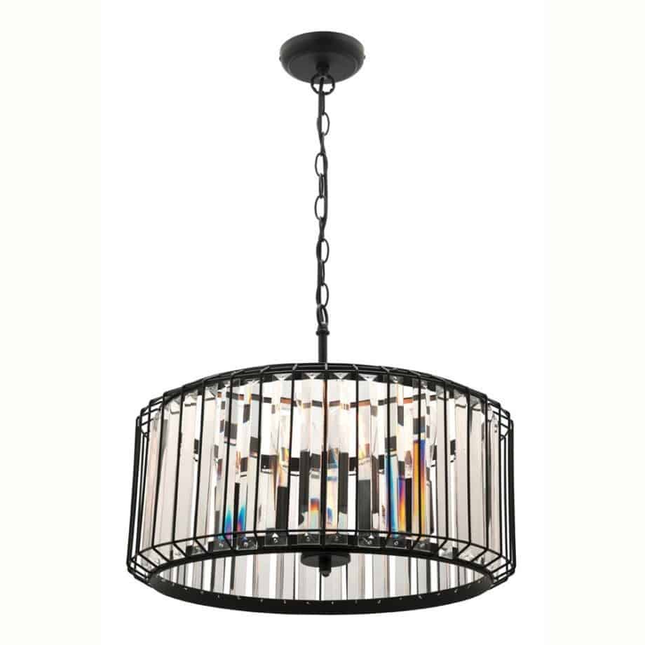 The Olympia 4lt pendant features a modern black metal frame with vertical glass panels around the bulbs and is suspended by a chain.