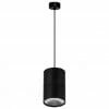 The Nella black 12W LED pendant hangs from the ceiling by a thin cord and features a sleek cylindrical black design.