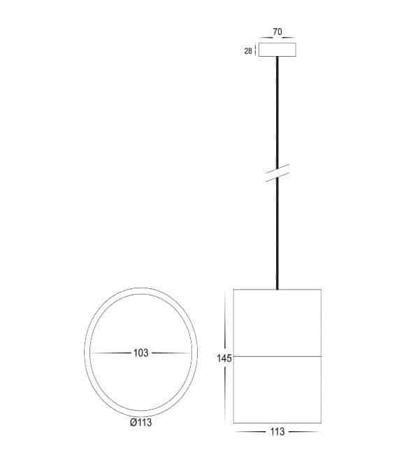Technical drawing of the Nella black 12W LED pendant, a cylindrical light, displaying front and top views with dimensions: 113mm diameter, 145mm height, 103mm inner diameter, and a 70mm ceiling mount.