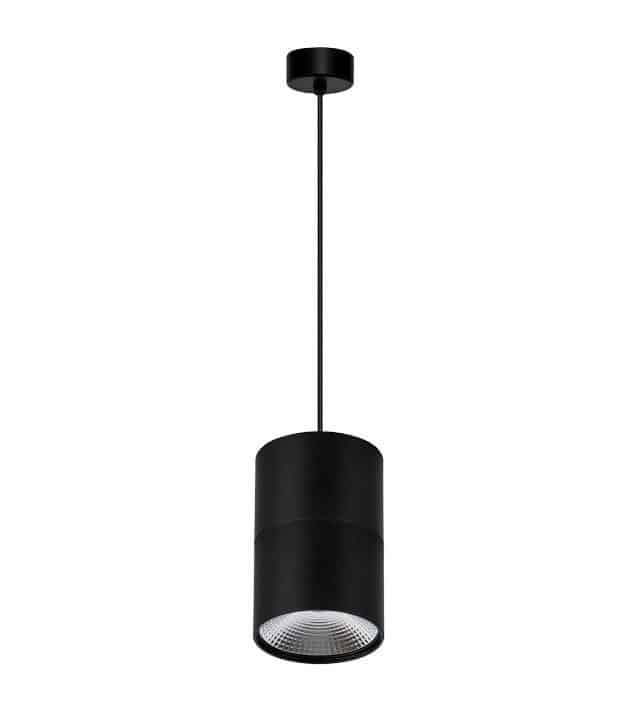 The Nella black 12W LED pendant hangs from the ceiling by a thin cord and features a sleek cylindrical black design.