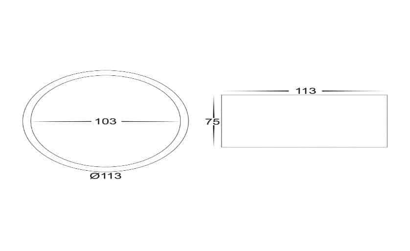 Technical drawing of the Nella black 12W surface mounted LED fixture with an oval diameter of 113mm, inner width of 103mm, and a rectangle measuring 113x75mm.