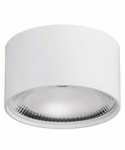 The Nella white 18W surface mounted light features a cylindrical design, a reflective inner surface, and a clear lens over the bulb.
