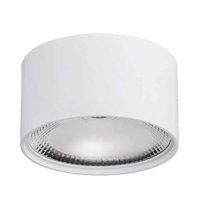 The Nella white 18W surface mounted light features a cylindrical design, a reflective inner surface, and a clear lens over the bulb.