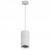 The Nella White 7W LED Pendant features a modern cylindrical design and hangs from the ceiling with a straight cord.