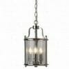 The Lantern 3lt pendant features a brushed metal finish, cylindrical glass shade, and three visible candle-style bulbs, all elegantly suspended from a chain.