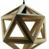 The Dodecagon wooden pendant, featuring an open icosahedron frame and suspended from a black cord, adds a bold geometric accent to any plain background.