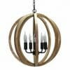 The Timber Pendant 5 Light is a spherical wood fixture with five candle-style bulbs, suspended by a sturdy metal chain.
