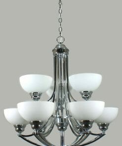 The Houston Range two-tier chandelier features a chrome frame with eight white glass bowl shades, all suspended elegantly by a chain.