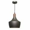 The Bevo 1lt Pendant boasts a modern matte black rounded shade, copper detailing near the top, and hangs elegantly by a black cord from its ceiling mount.
