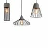 Three Caba-Pesaro-Treviso Concrete Wire Pendants with exposed bulbs and unique geometric designs add a modern touch against a plain white background.