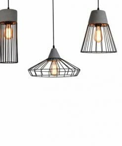 Three Caba-Pesaro-Treviso Concrete Wire Pendants with exposed bulbs and unique geometric designs add a modern touch against a plain white background.