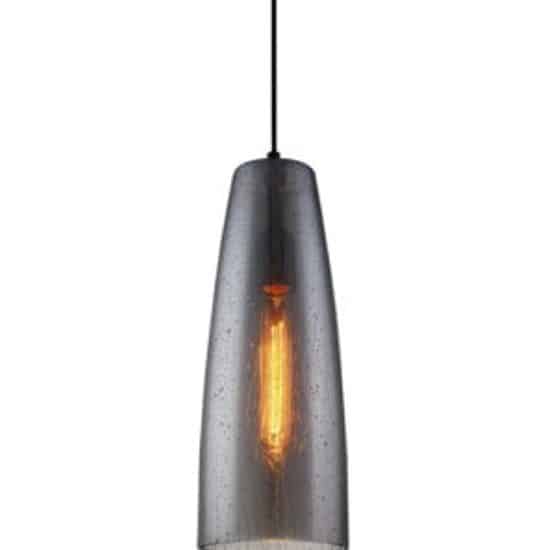 A black Chuva Series pendant light with a cylindrical, slightly tapered glass shade and an exposed filament bulb inside.