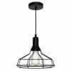 The Cage 1lt Medium pendant features an industrial black wire cage shade with an exposed bulb, suspended from a ceiling mount.