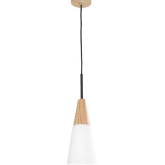 The Finn Series Pendant Light features a modern design with a conical white shade, wooden accent, black cord, and round ceiling mount.