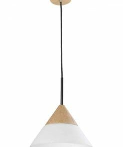 The Finn Series E27 Pendant Light has a conical white shade, wooden accent, black cord, and round ceiling mount.