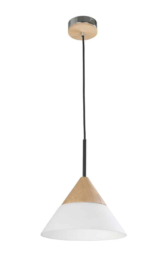 The Finn Series E27 Pendant Light has a conical white shade, wooden accent, black cord, and round ceiling mount.