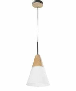 The Finn Series Pendant Light features a black cord, wooden accent, and white conical shade, creating a modern look hanging elegantly from the ceiling.