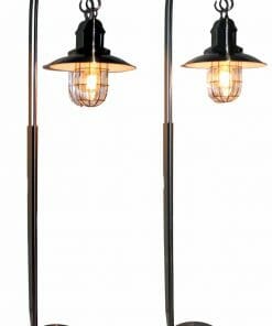 Two Lantern floor lamps with curved metal stands and cage-enclosed bulbs, each on a round base, are illuminated and positioned side by side.