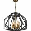 Gamba Series geometric black and gold chandelier with exposed bulbs, E27 sockets, and suspended by a chain and ceiling mount.