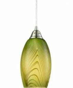 The Glaze Series Pendant Light features green and yellow glass shades, a brushed metal fixture, and a transparent hanging cord.