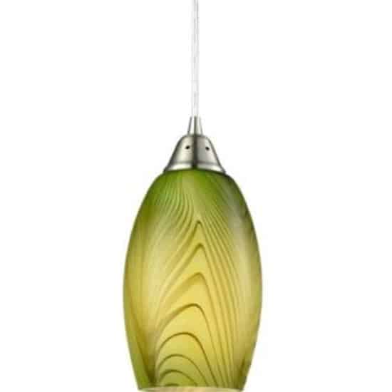 The Glaze Series Pendant Light features green and yellow glass shades, a brushed metal fixture, and a transparent hanging cord.