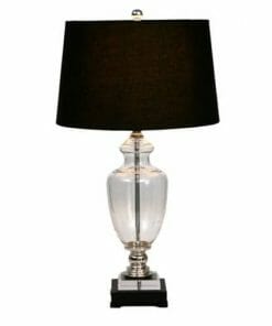 The Glass black lamp with black shades features a clear glass body, a sleek silver base, and stands on a black square pedestal, topped with an elegant black shade.