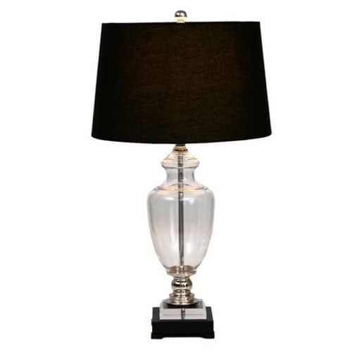 The Glass black lamp with black shades features a clear glass body, a sleek silver base, and stands on a black square pedestal, topped with an elegant black shade.