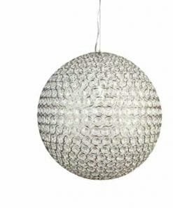The Crystal Round Pendant features clear textured glass or acrylic with a bubble-like pattern, suspended by a thin cord against a white background.