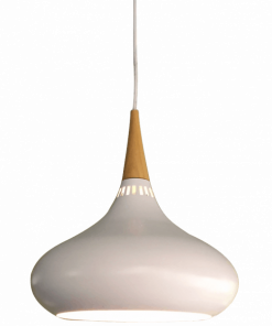 The Nona pendant features a smooth, white rounded shade with a wooden top accent and hangs from a slim white cord, offering a modern lighting solution.