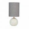 The Palazzo Table Lamp -White boasts a round white base paired with a tall gray fabric shade, adding modern elegance to any space.