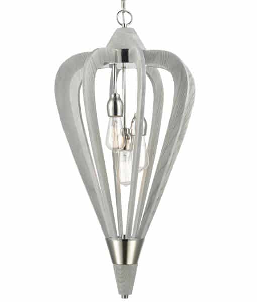 The Senorita Series pendant light showcases a sleek wooden frame, stylish metal accents, and exposed bulbs suspended inside for a modern look.