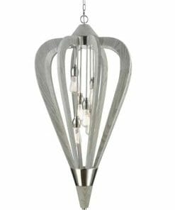The Senorita Series pendant light features curved wooden panels, metal accents, and exposed bulbs, all suspended by a chain.