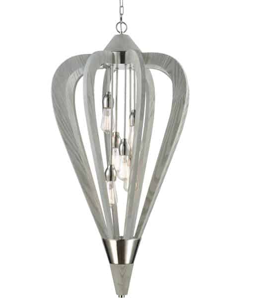 The Senorita Series pendant light features curved wooden panels, metal accents, and exposed bulbs, all suspended by a chain.