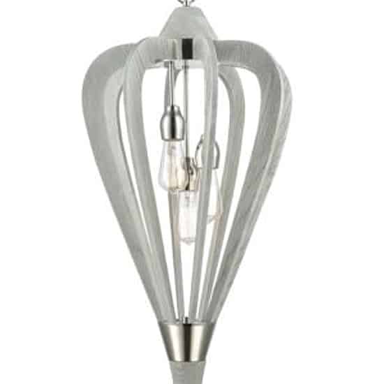 The Senorita Series pendant light features curved metallic slats surrounding three exposed central bulbs.