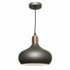 The Sloan 1lt Pendant features a matte black dome shade, copper accent, and black cord suspended from a circular ceiling mount—offering modern style as a single light pendant for any contemporary space.