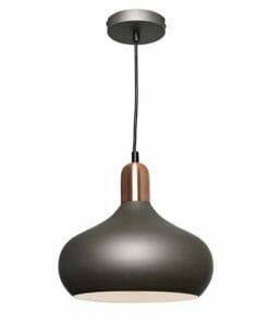 The Sloan 1lt Pendant features a matte black dome shade, copper accent, and black cord suspended from a circular ceiling mount—offering modern style as a single light pendant for any contemporary space.