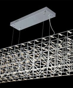The Linear Entanglement of Light Pendant features a rectangular geometric chandelier with a metal grid frame, suspended by wires from a rectangular ceiling mount, creating a striking modern statement.