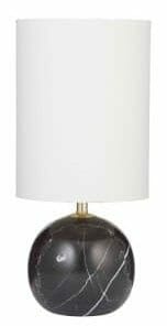 The Palazzo Table Lamp -White boasts a round black marble base and a tall white cylindrical shade, bringing timeless elegance to any room.